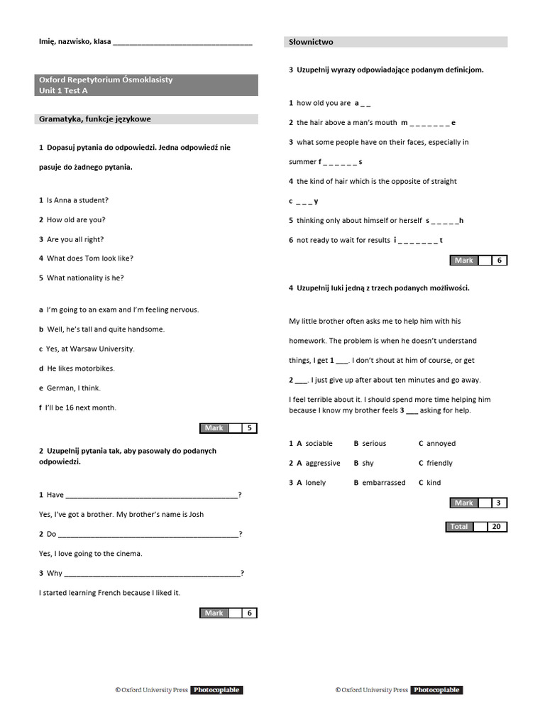 Oxford smoklasisty Unit 1 Tests PDF