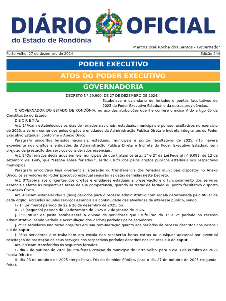 Feriados e Recesso do Poder Executivo 2025 | PDF | Polícia ...