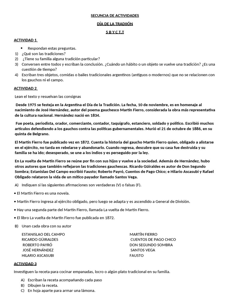 Secuncia de Actividades Día D Ela Tracion 5to B y C | PDF