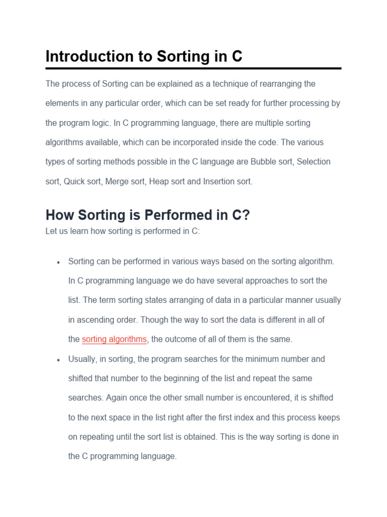Sorting Algorithms in C Programming | PDF | Computer Science | Computer ...