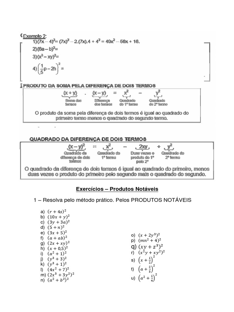 Exercícios de Produtos Notáveis 8º Ano | PDF