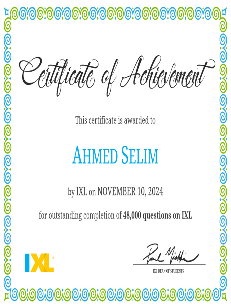 IXL Award Certificate for Ahmed Selim | PDF