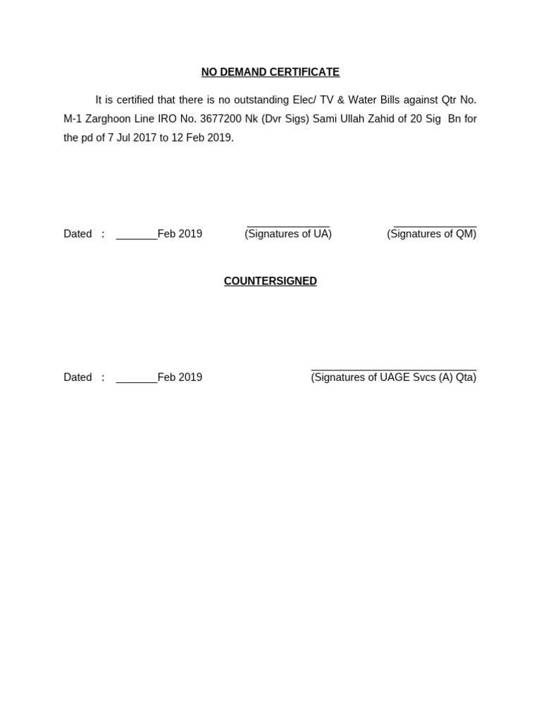 No Demand Certificate for Utilities | PDF