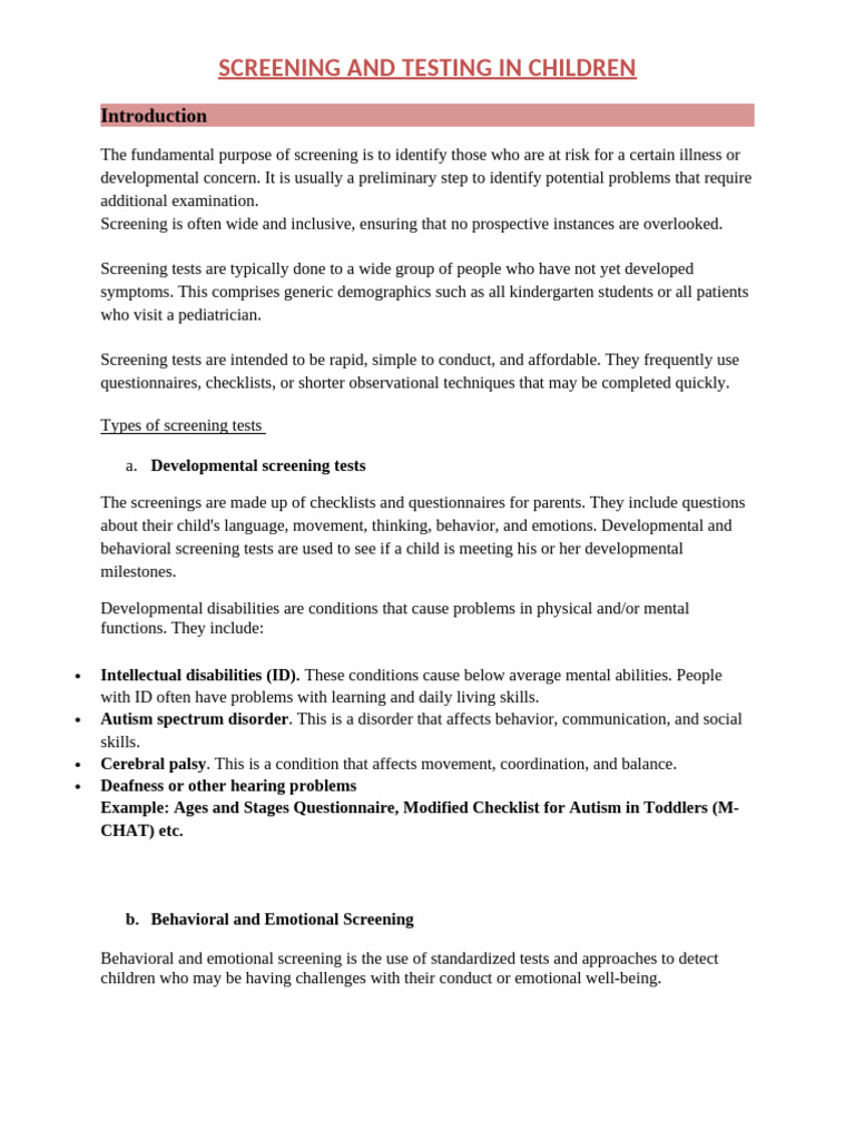 Screening & Testing Child Lab | PDF | Medical Diagnosis | Developmental ...
