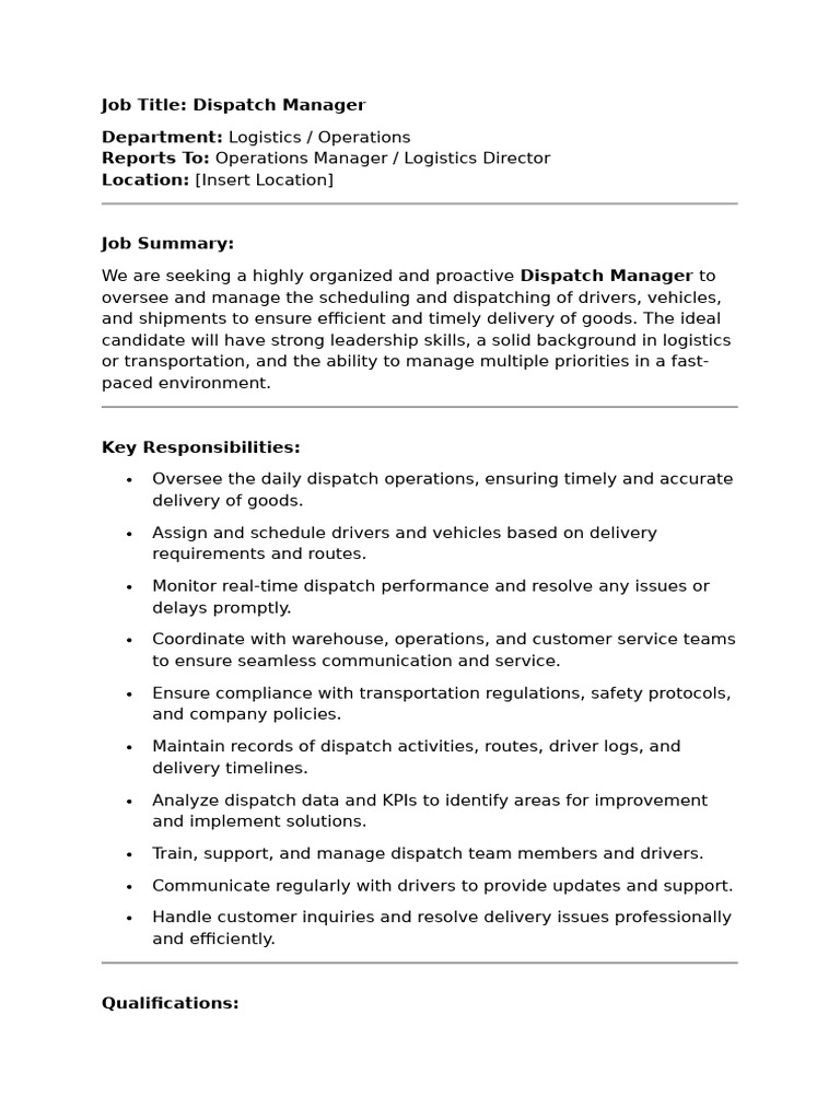 Dispatch Manager Job Description | PDF