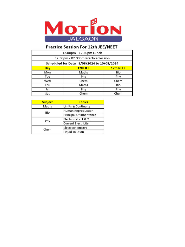 12th JEE/NEET Study Schedule 2024 | PDF