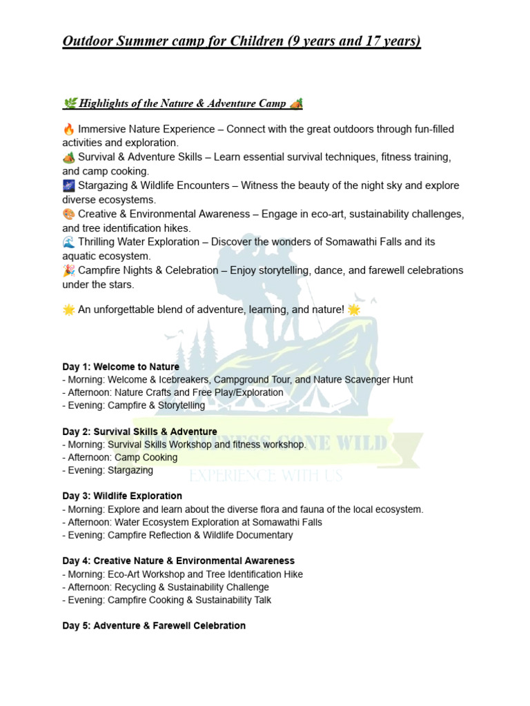 Outdoor Adventure Camp for Kids 9-17 | PDF | Camping