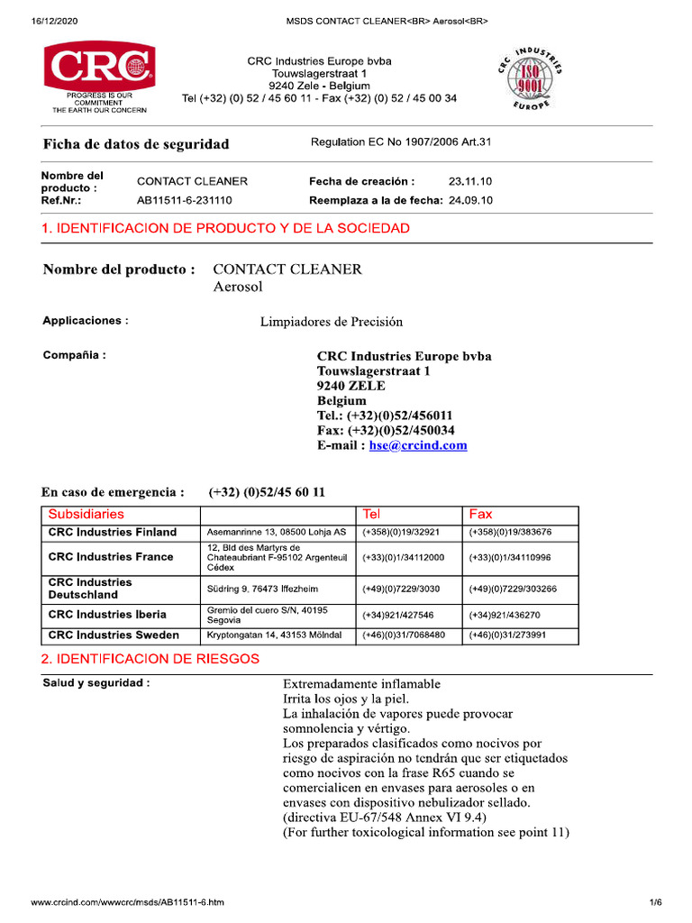 MSDS Contac Cleaner Splendor | PDF