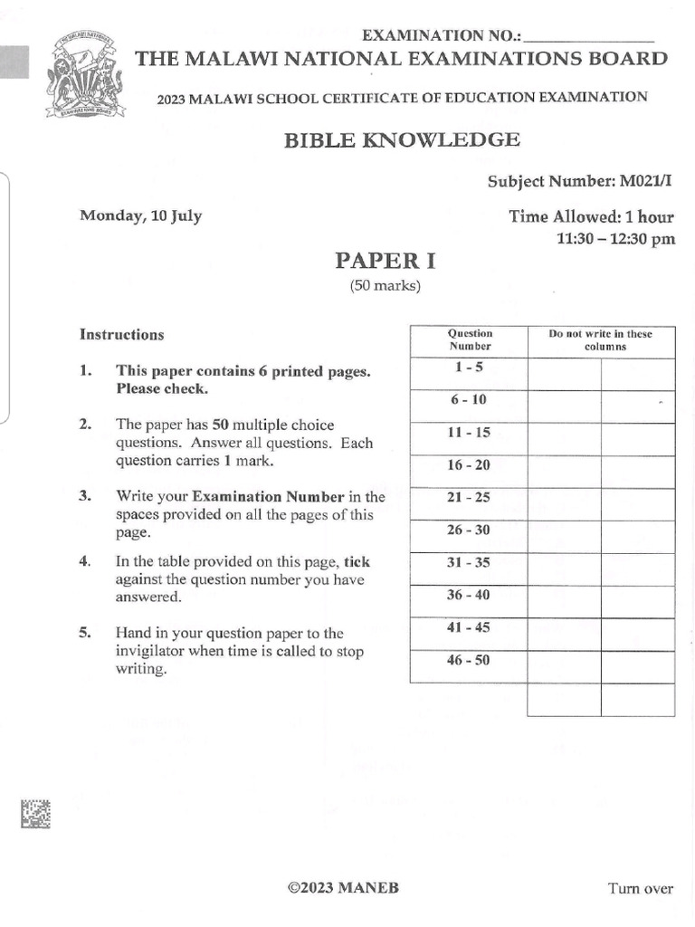 2023 Msce Bible Knowledge Paper 1 | PDF