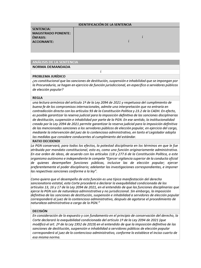 Analisis Sentencia C030 de 2023 | PDF | El proceso de destitución | Juez