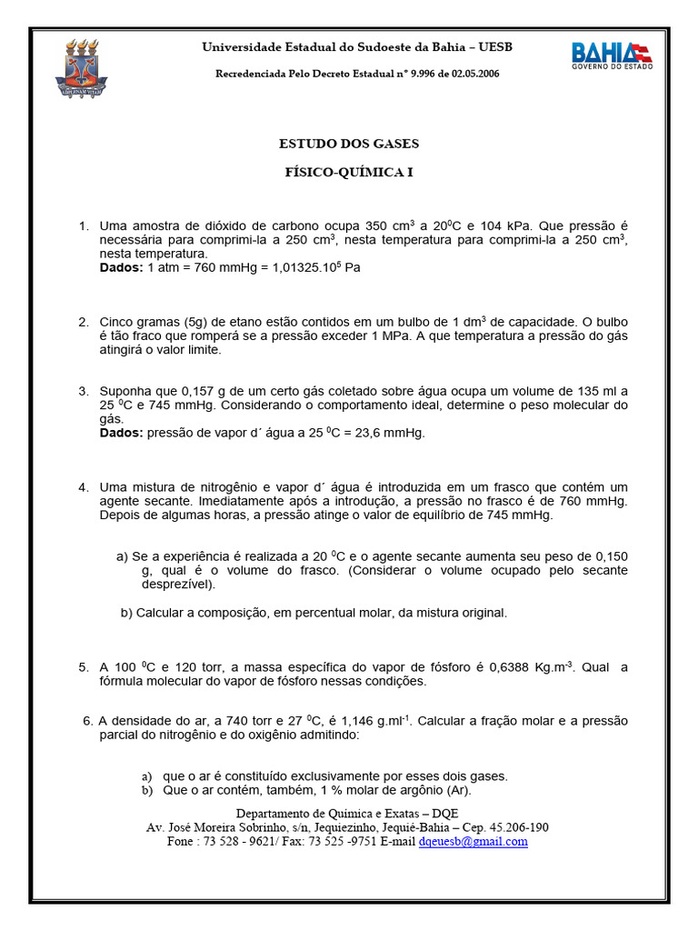 Exercícios de Físico-Química: Gases | PDF | Gases | Temperatura