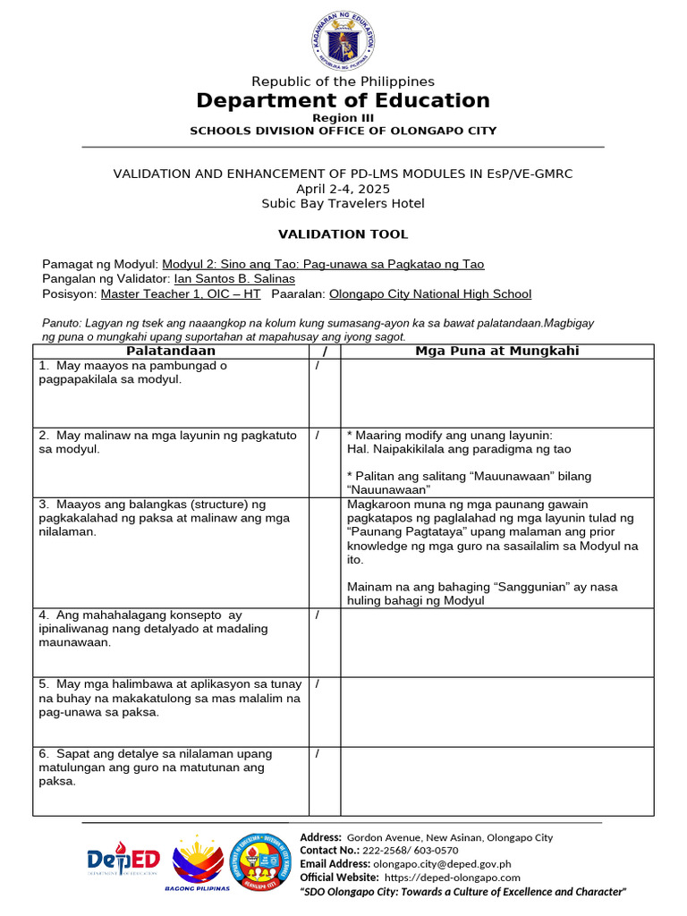 validation tool (Module 2) | PDF