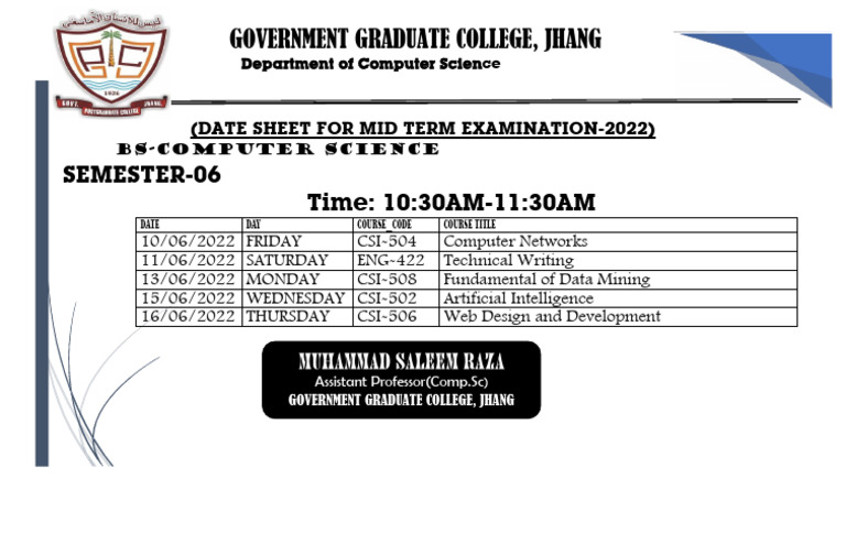 Mid Term Exam Schedule BS Computer Science | PDF