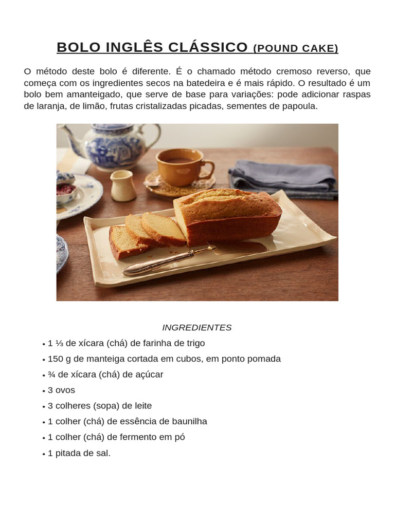Receita de Bolo Inglês Clássico | PDF | Bolos | Chá