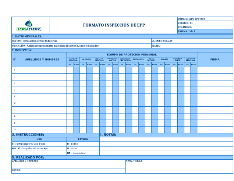 Inspección de EPP para Gas Industrial | PDF