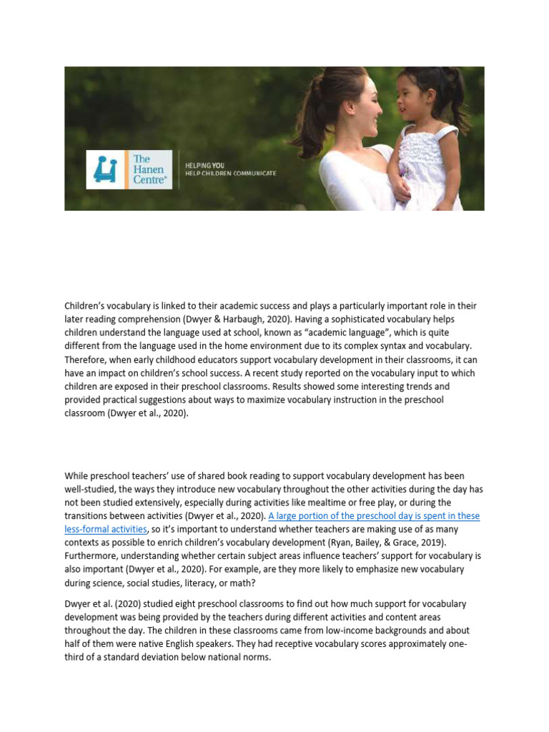 Supporting Vocabulary in The Preschool Classroom - LL - Final | PDF ...