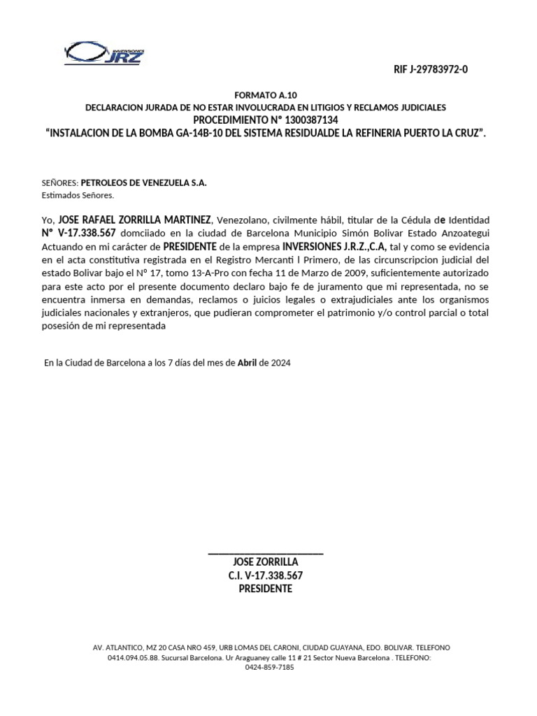 Declaracion Jurada de No Estar Involucrada en Litigios y Reclamos ...