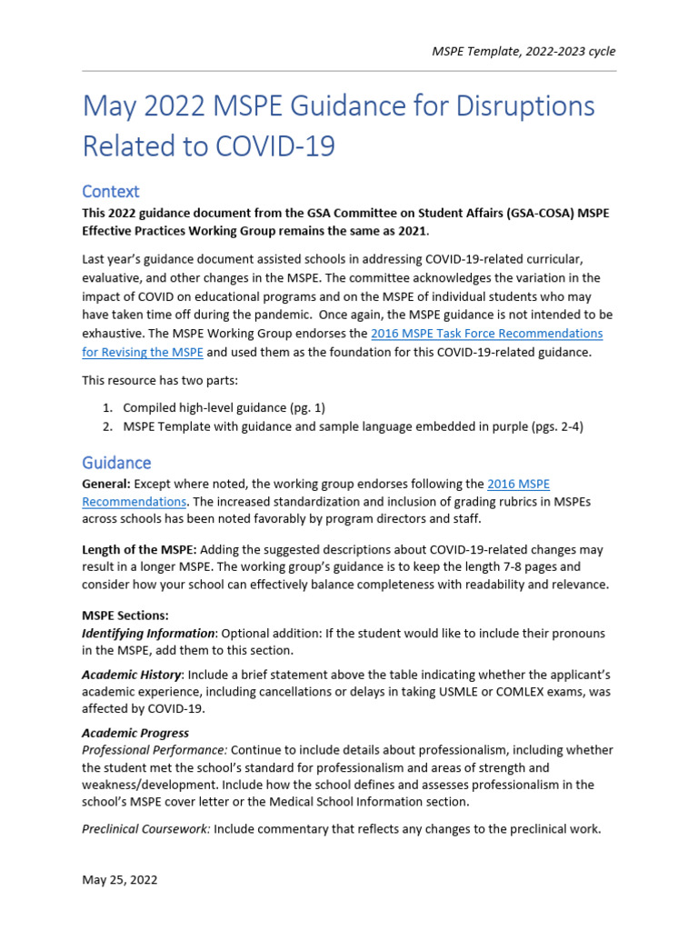 2022-2023 MSPE Template Guidance | PDF | Medical School | Medicine