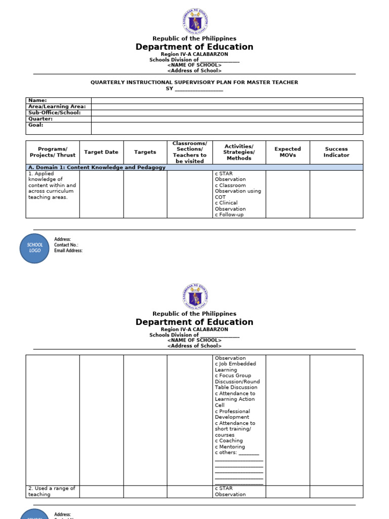 Quarterly Supervisory Plan for Teachers | PDF | Mentorship | Learning