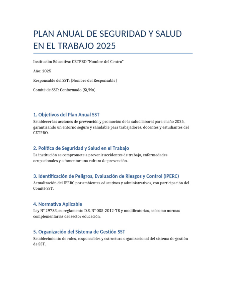 Plan Anual SST 2025 para CETPRO | PDF | Seguridad y salud ocupacional