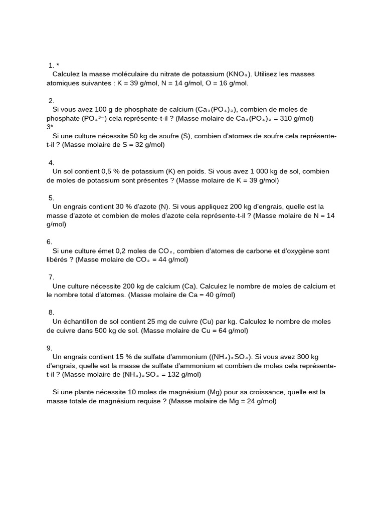 Masse molaire et calculs de moles PDF — free download
