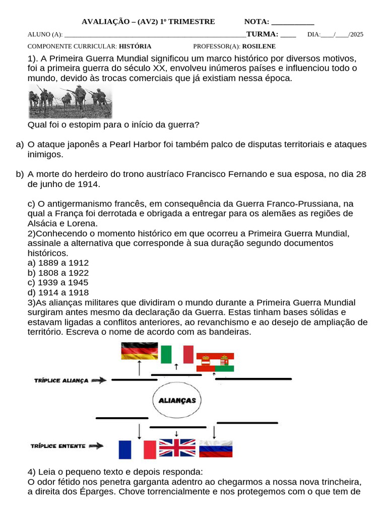 Avaliação Nono Ano Adaptada Primeira Guerra Mundial | PDF | Primeira ...