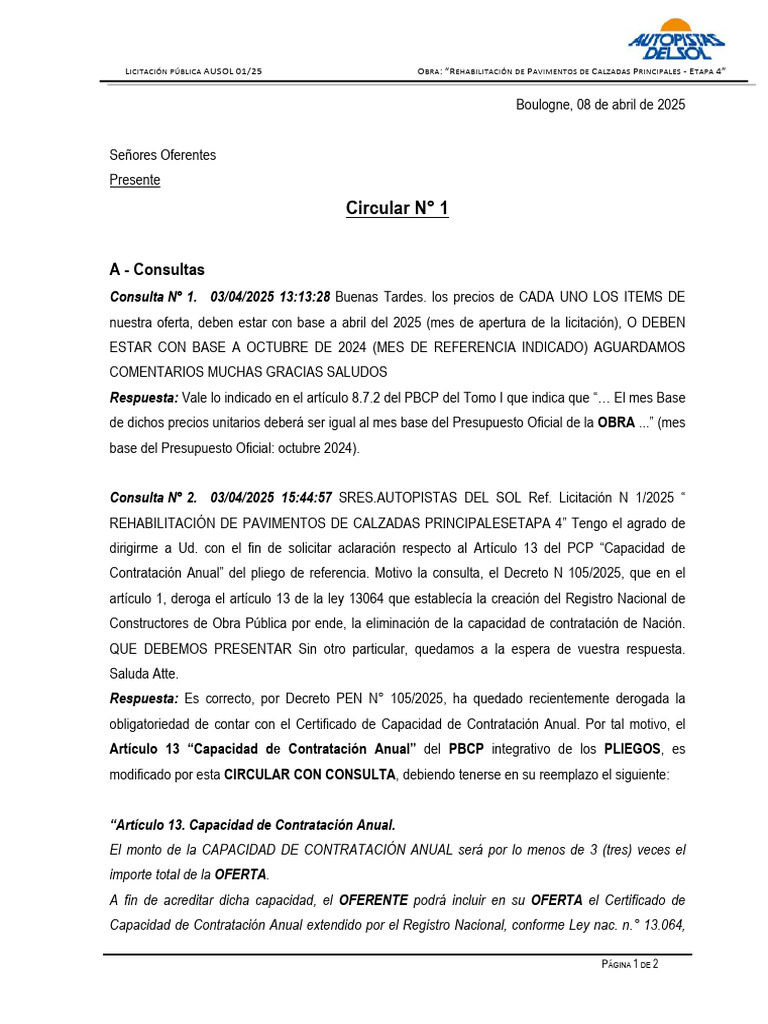 Licitación Pública AUSOL 01/25: Consultas | PDF