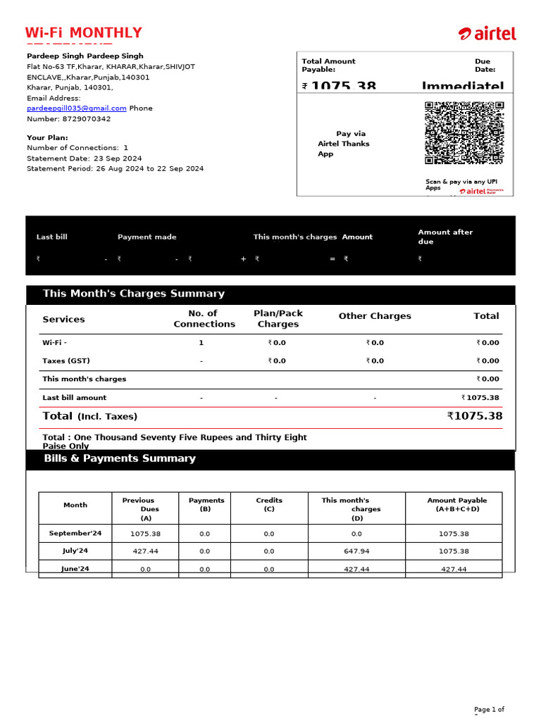 Wi-Fi Monthly Statement: 1075.38 Immediatel | PDF | Rupee | Payments