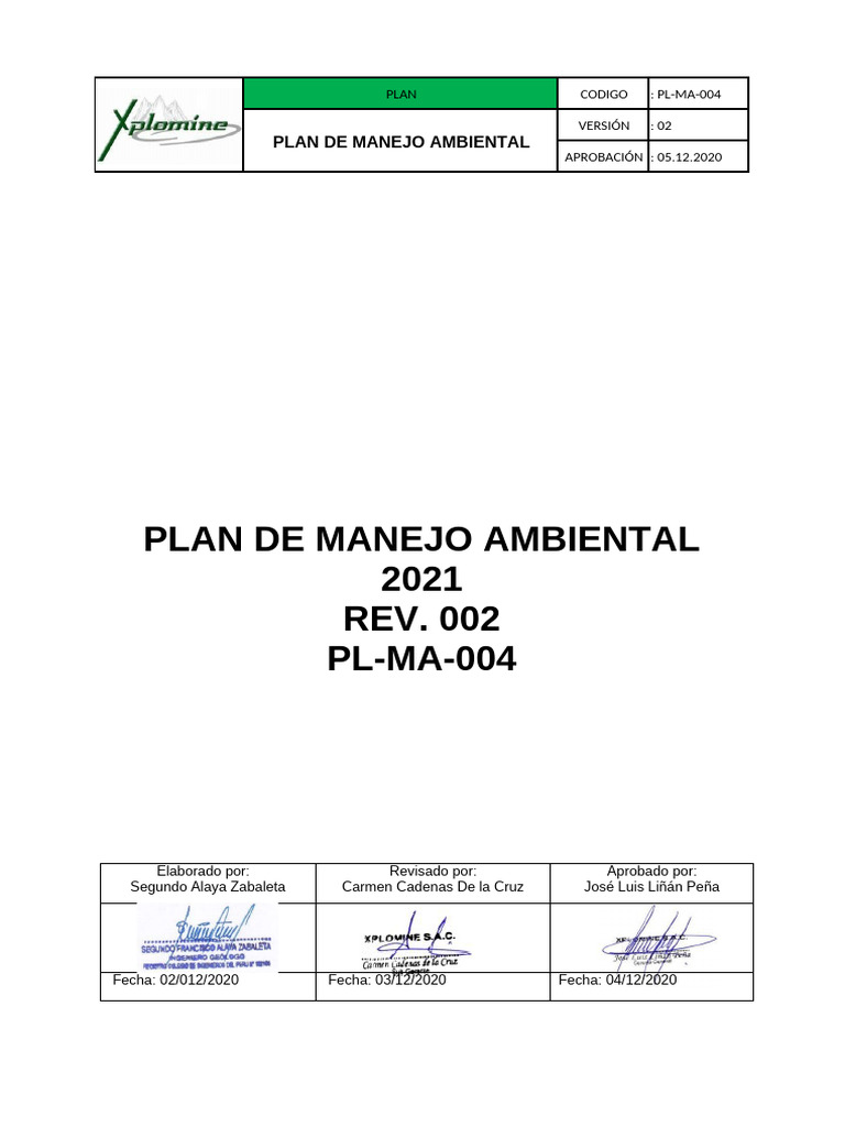 Plan de Manejo Ambiental XPLOMINE S.A.C. | PDF | Residuos | Entorno natural