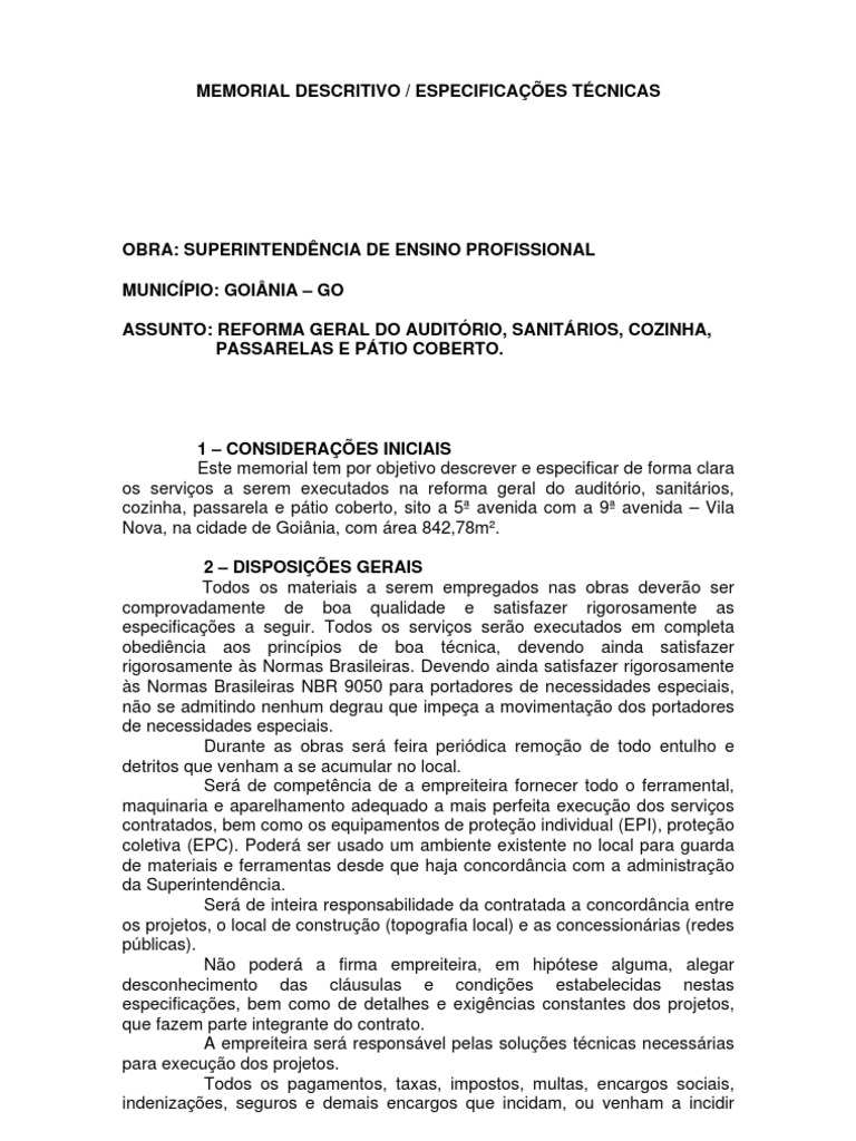 Modelo de Memorial Descritivo | PDF | Argamassa (alvenaria) | Tinta