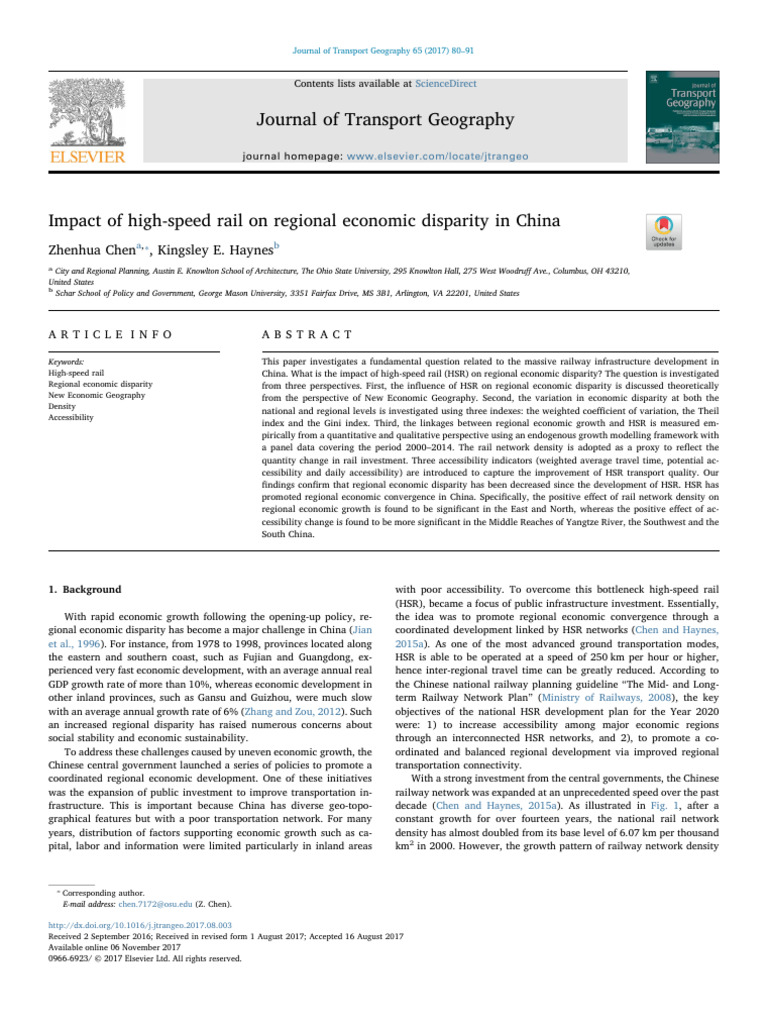 Impact of high-speed rail on regional economic disparity in China | PDF ...