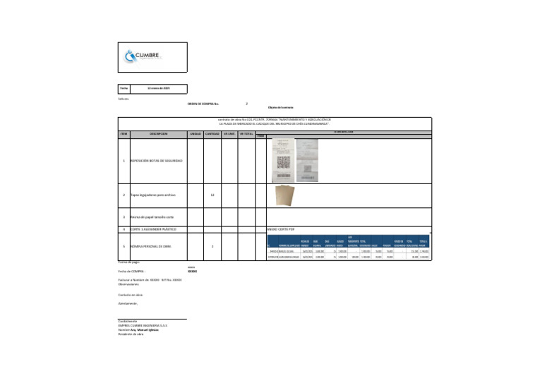 Orden de Compra para Materiales de Obra | PDF