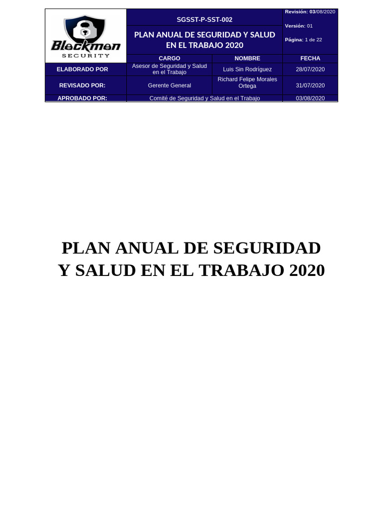 SGSST-P-SST-001 Plan Anual de Seguridad y Salud en El Trabajo VF | PDF ...