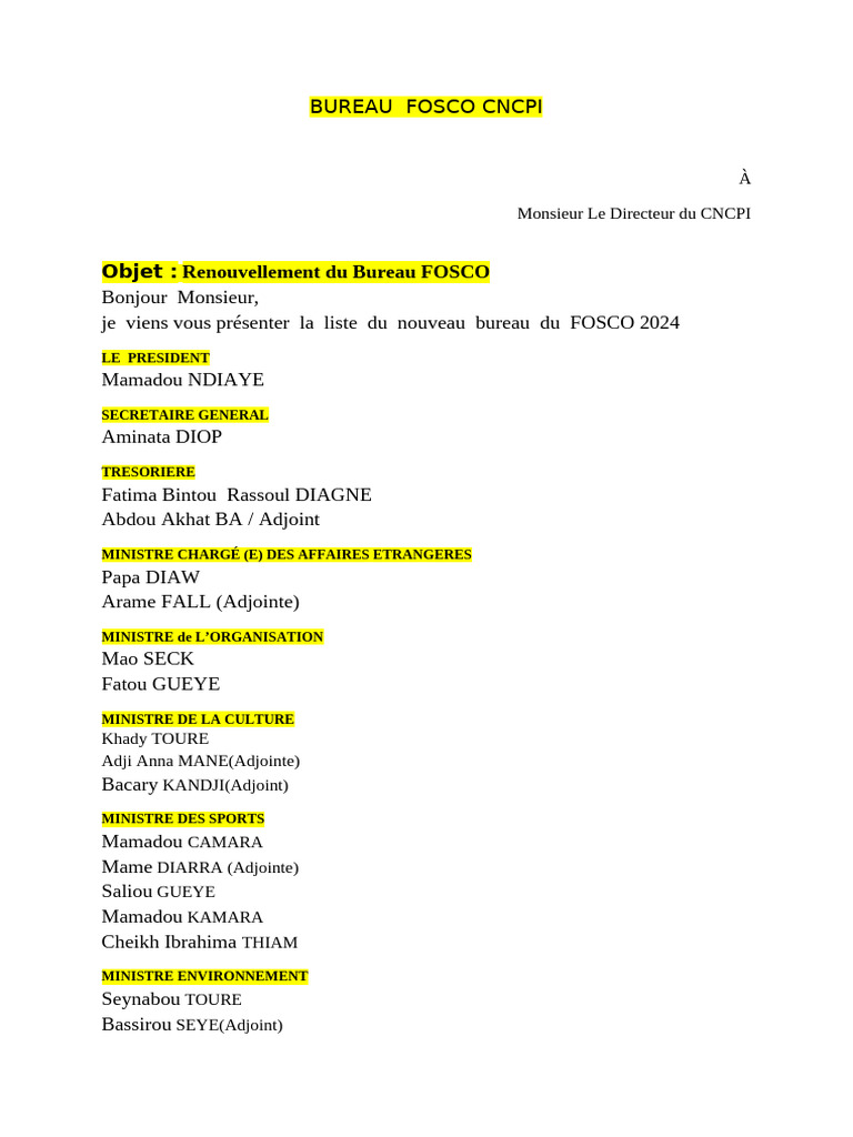 Renouvellement du Bureau FOSCO 2024 | PDF