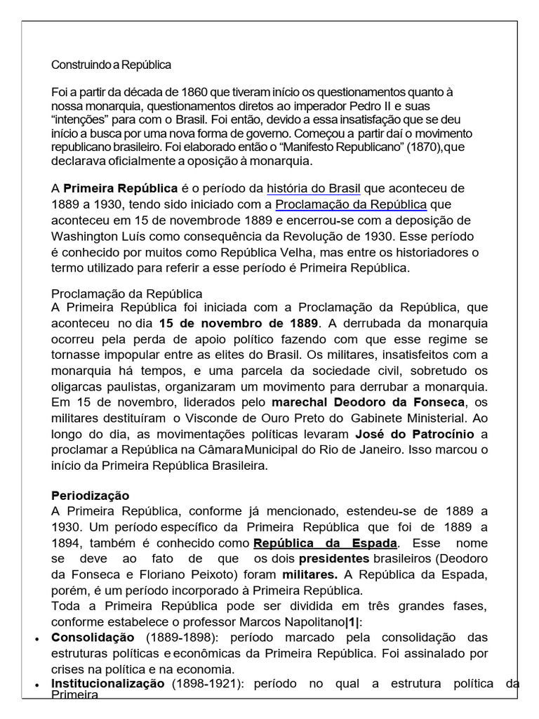 A Primeira República Brasileira: História e Políticas | PDF | Brasil