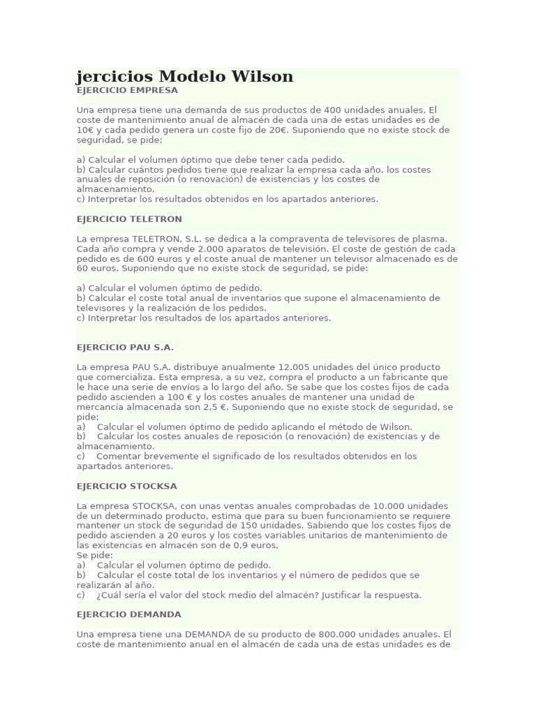 Ejercicios del Modelo Wilson Resueltos | PDF | Inventario