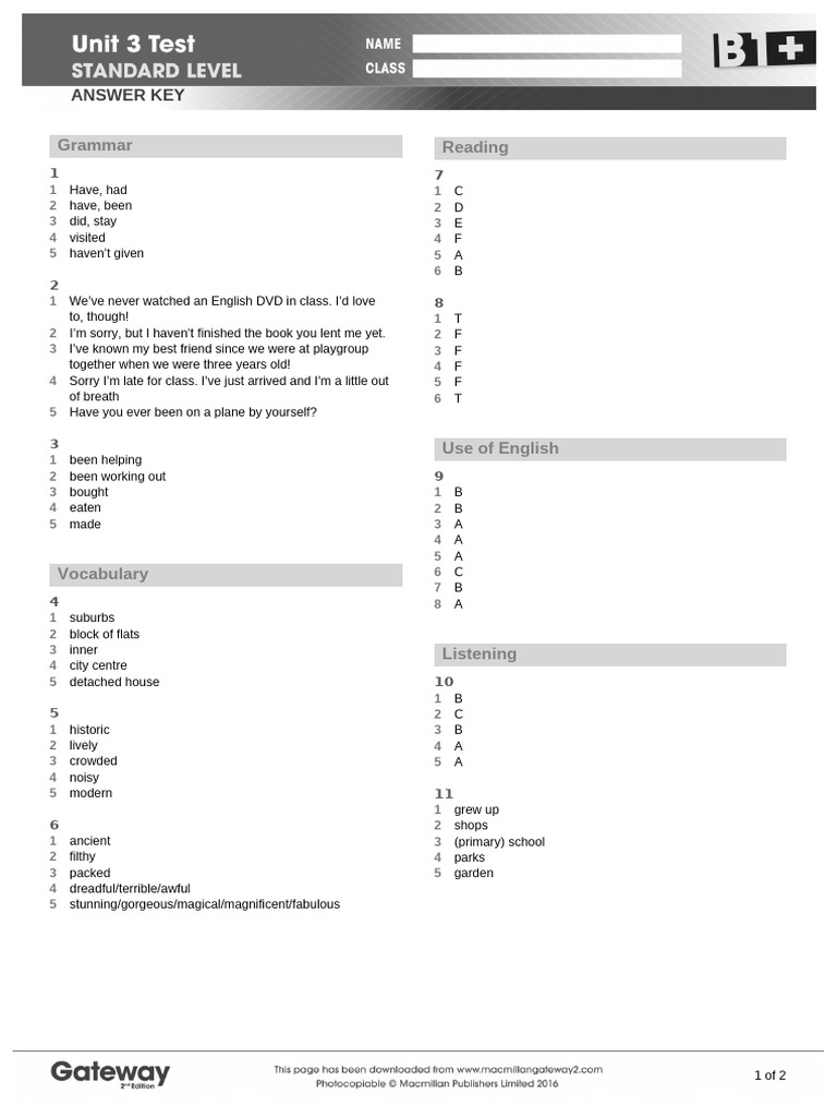 B1 Unit 3 Test Answer Key Standard Pdf Languages Foreign