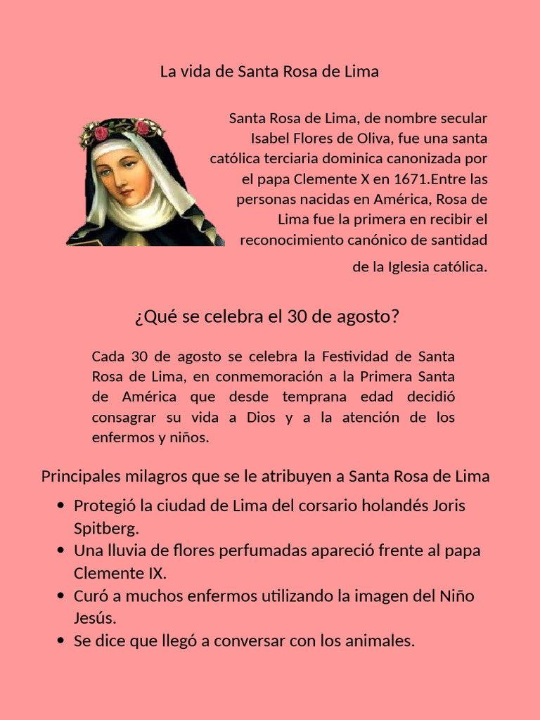 Vida y milagros de Santa Rosa de Lima | PDF