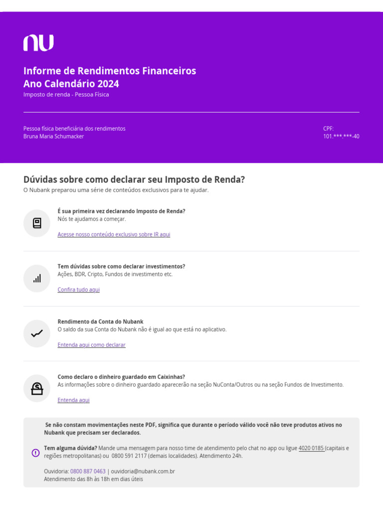 Informe de Rendimentos 2024 Nubank | PDF | Criptomoeda | Investimentos