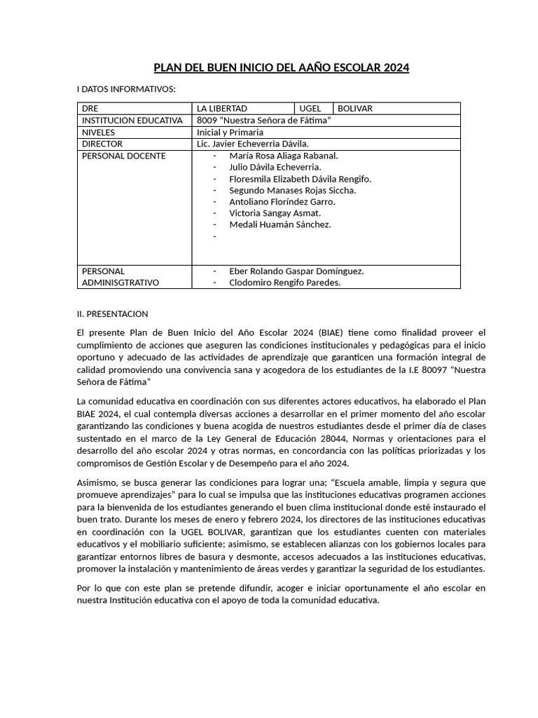 Plan de Buen Inicio Escolar 2024 | PDF | Educación primaria | Escuelas
