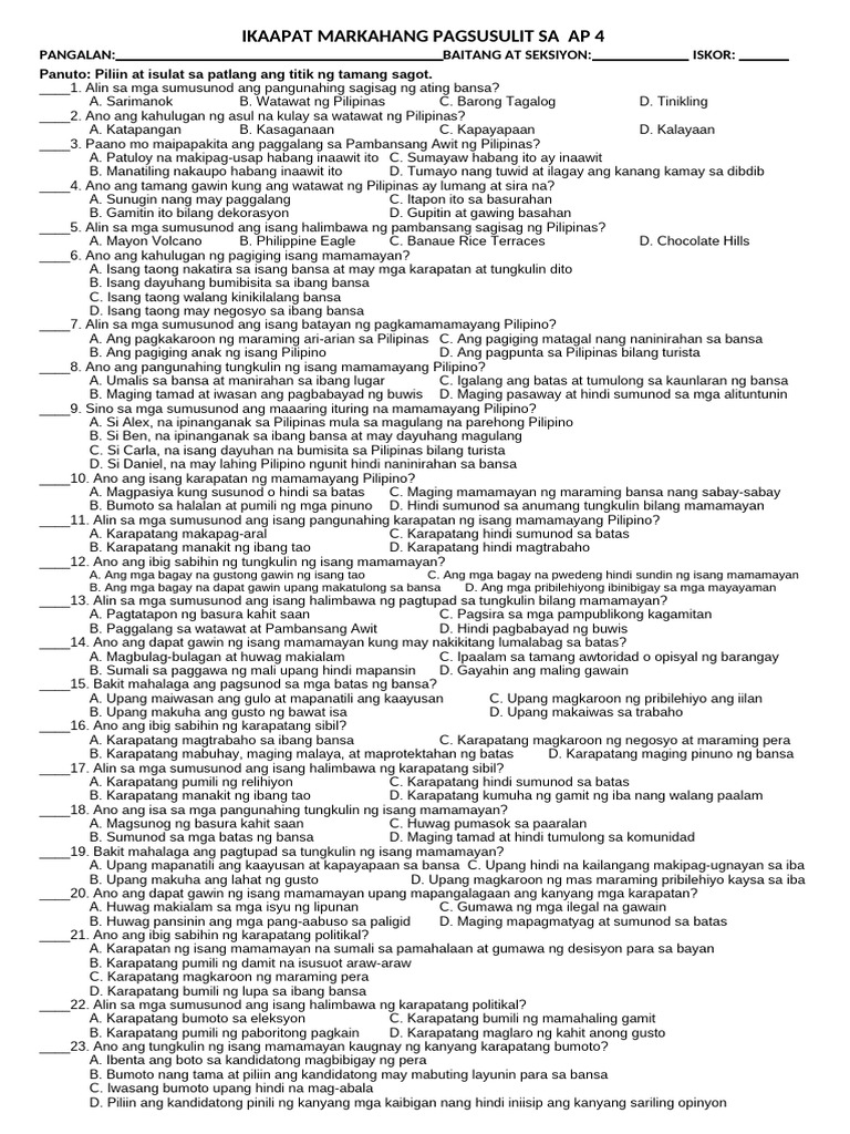 Fourth Periodical Test in Ap 4 - Tipid Version | PDF