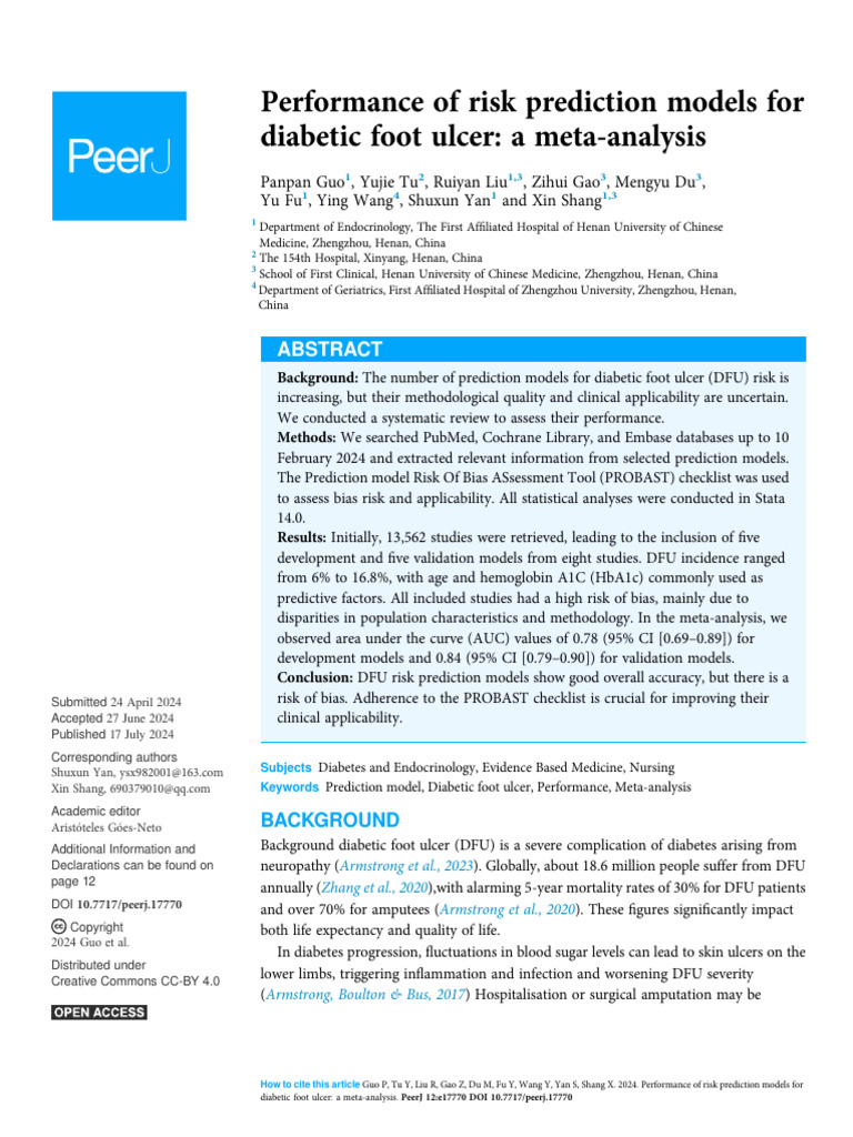 Performance of Risk Prediction Models For Diabetic Foot Ulcer | PDF ...