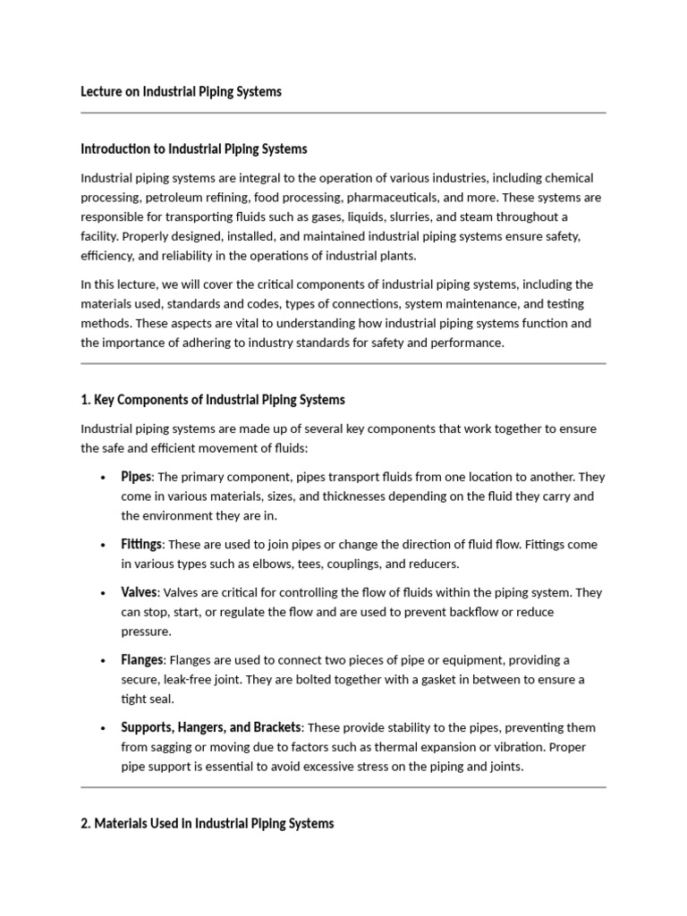Lecture On Industrial Piping Systems Pdf Pipe Fluid Conveyance