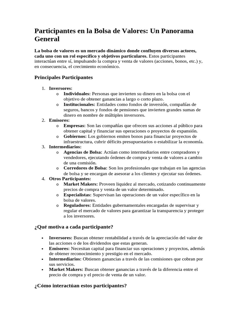 Actores en el Mercado de Valores | PDF | Bolsa | Inversiones