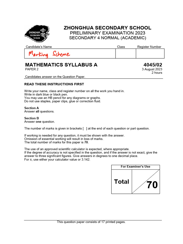 2023 Zhonghua Secondary Math Exam | PDF | Area | Acceleration