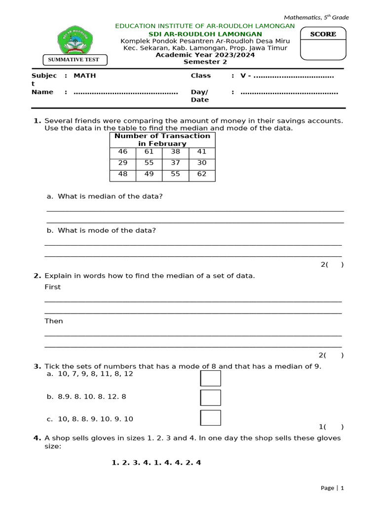 5th Grade Math Practice Worksheet | PDF