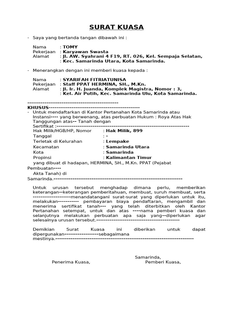 Surat Kuasa Roya Sertifikat Tanah | PDF