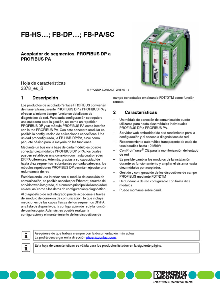 FB-HS FB-DP FB-PA/SC: Acoplador de Segmentos, PROFIBUS DP A Profibus Pa ...