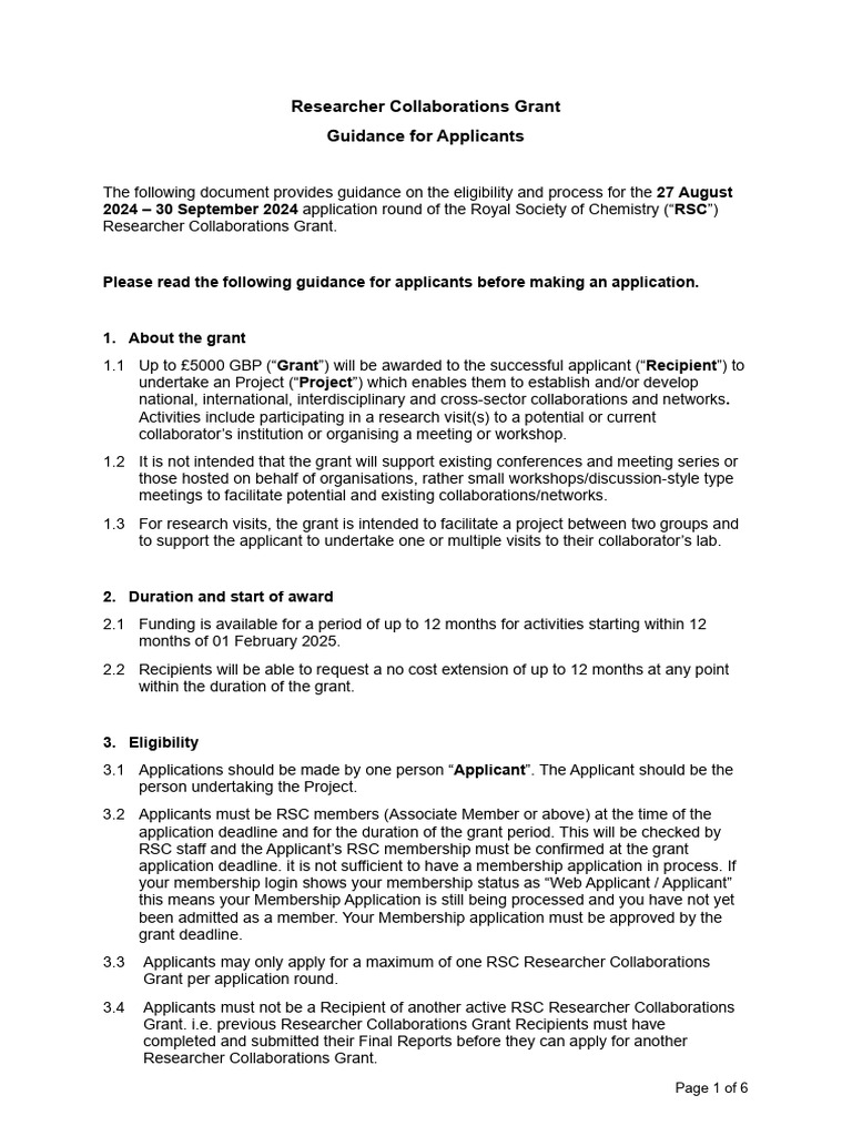 RSC Researcher Collaborations Grant Guide | PDF