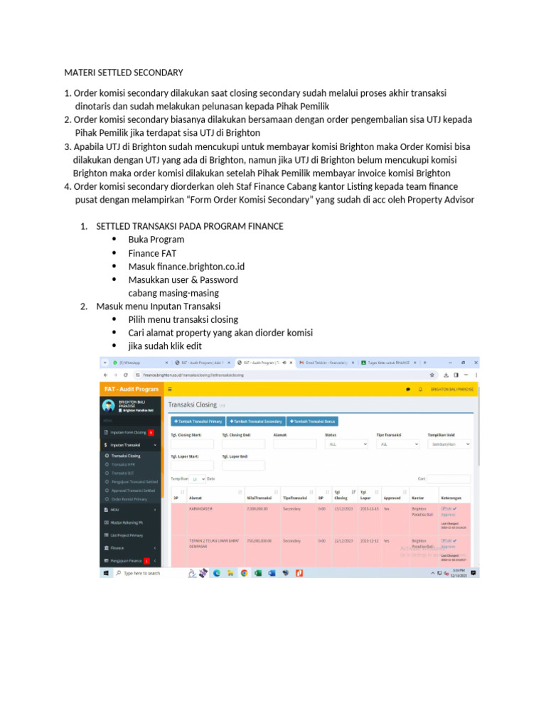 Proses Order Komisi Secondary Settled | PDF
